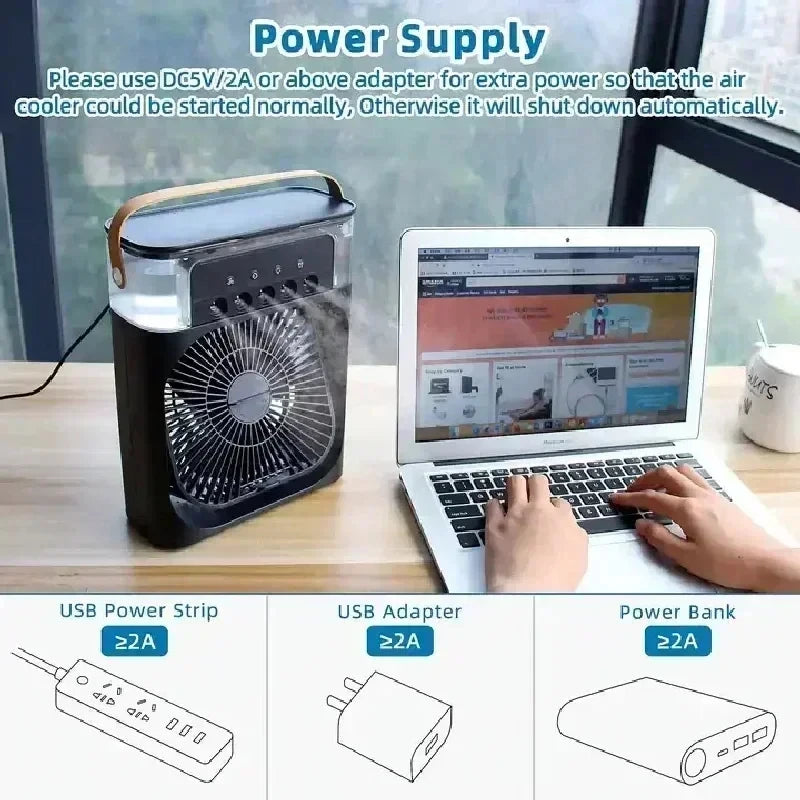 3 in 1 Portable Air Cooler Fan | USB Desktop Fan with LED Night Light & Humidifier | Home & Office