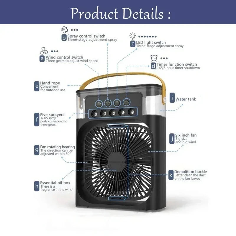 3 in 1 Portable Air Cooler Fan | USB Desktop Fan with LED Night Light & Humidifier | Home & Office
